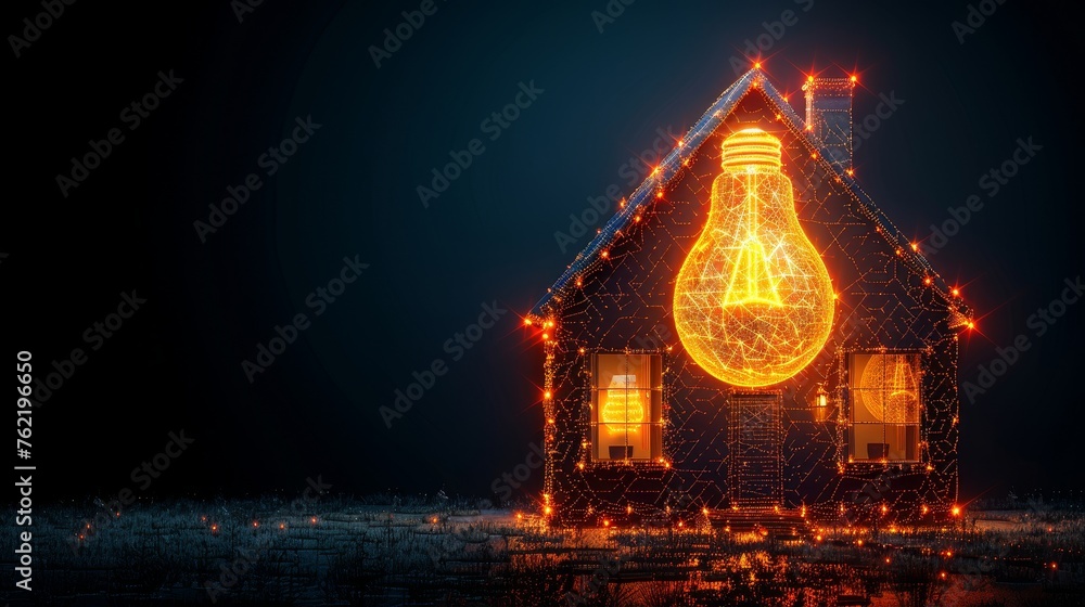 Poster isolated modern illustration of abstract country house with light bulb, designed with low polygons. 