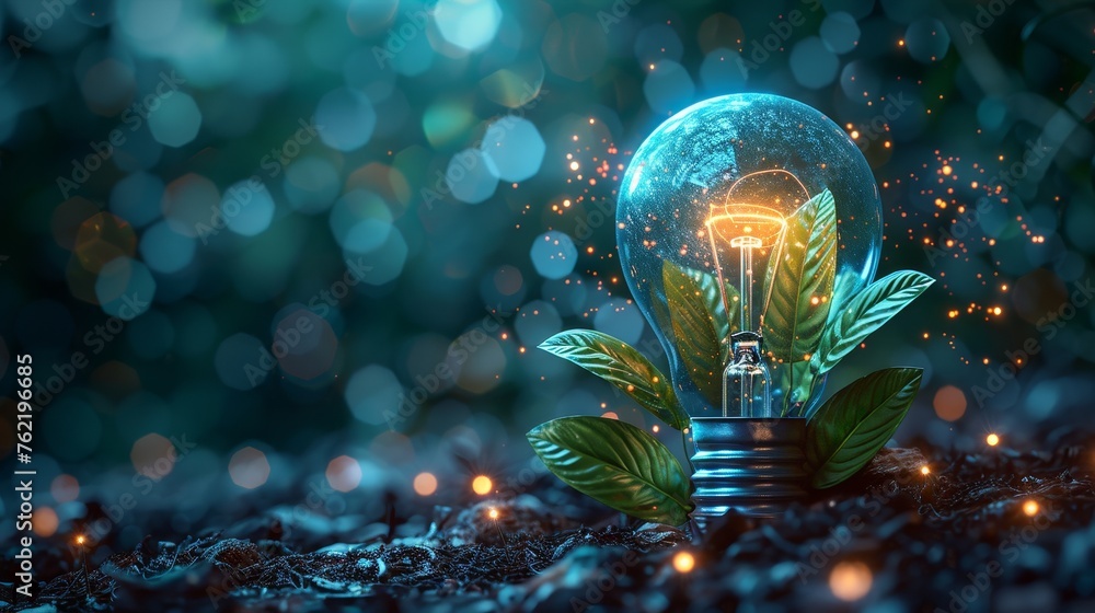 Leinwandbilder blue glowing light bulb with green plant inside. low poly style design. abstract geometric backgroun
