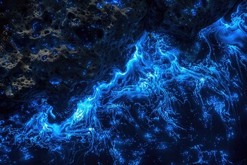 Top view of deep-sea bioluminescence, a dance of light in darkness - obrazy, fototapety, plakaty