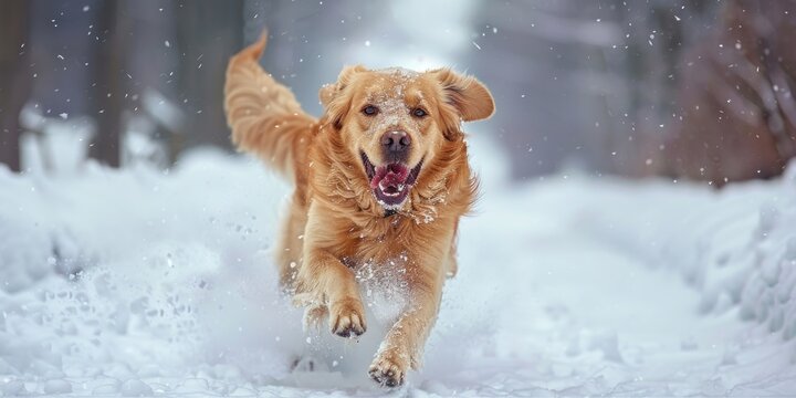 A dog running through the snow in the woods, suitable for winter and pet themes