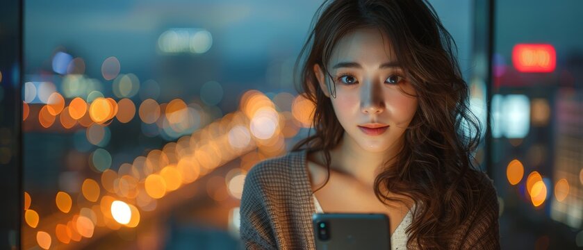 An Asian businesswoman uses a laptop and mobile phone at night in the darkness of her office. A professional businesswoman holds a smartphone and works on a cellphone with a view of the evening city.