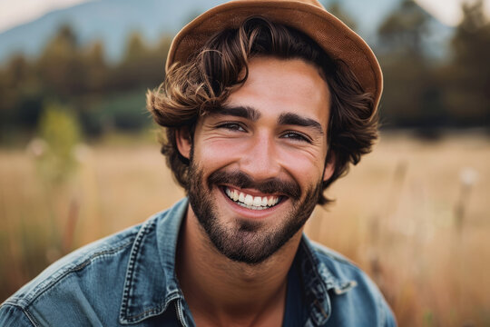 A man with a beard and a hat is smiling. He is wearing a blue shirt and a hat. handsome countryside man full face smiling on camera