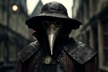 Ominous Plague doctor medieval man. Horror fantasy. Generate Ai