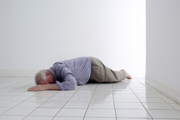 An old man accidentally slipped and fell face down and passed out in a bathroom with slippery floor tiles. Copy space.