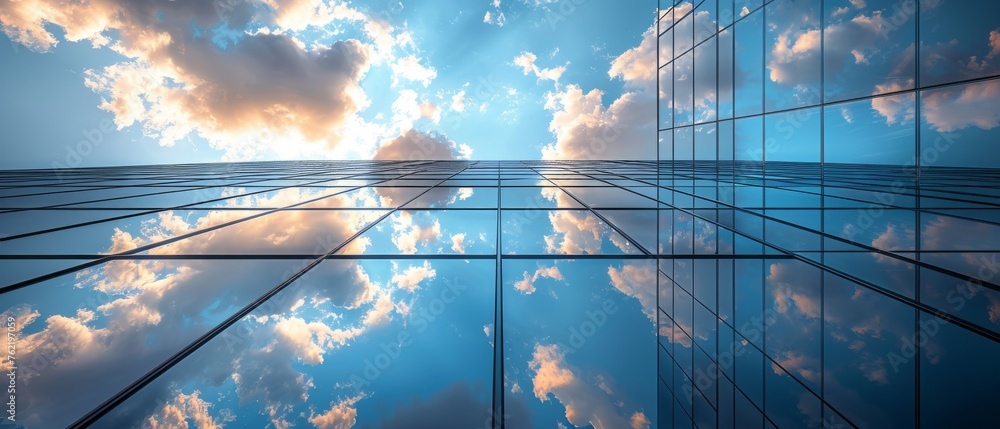 Fototapete This view shows a high rise building with dark steel windows with clouds reflected on the glass. Business concept for future architecture, looking up at the angle of the corner.