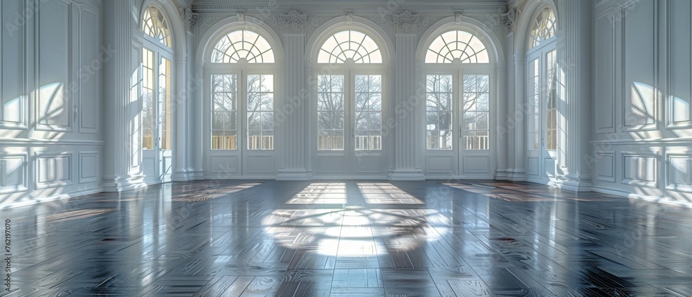 Poster the white space is surrounded by a dark laminate floor, with a classic design. the architecture of t