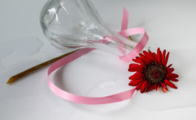 Fallen vase with wilted red flower.