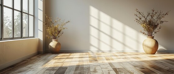 The room is empty with a wood laminate floor and the sun is casting a shadow on the wall. A view of a minimal interior design, shown in 3D. - obrazy, fototapety, plakaty