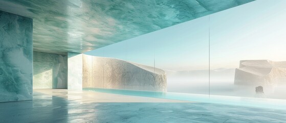 Abstract futuristic glass architecture with an empty concrete floor in 3D.