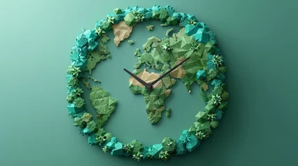 Fototapeten Low poly wireframe earth clock. Land resources run out. Polygonal abstract isolated on green background. Modern illustration. © Zaleman