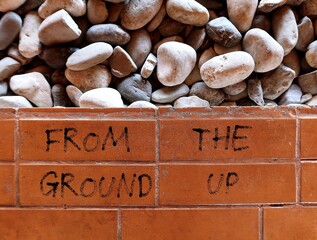Garden ground with handwritten text FROM THE GROUND UP, concept of start doing or learning from the very beginning, start from scratch, start business from the basic or foundation - obrazy, fototapety, plakaty