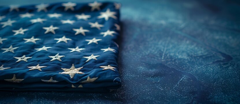 the photo shows the folded american flag on blue background