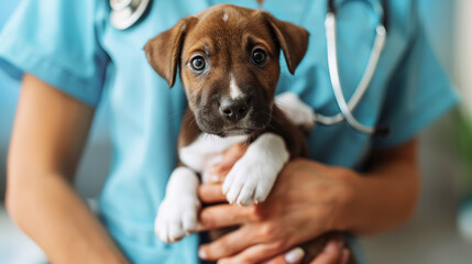 A small dog is being held by a person in a white lab coat. The dog is brown and has a black nose. The person is wearing a stethoscope around their neck. photo of a vet holding a puppy, minimalistic