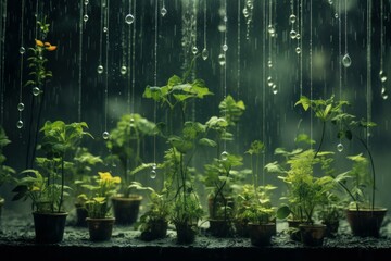 Verdant Plant growing rain. Nature seed drop. Generate Ai