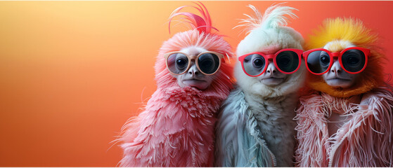 A captivating scene showcases several individuals in colorful feathered costumes, with obscured faces, and a striking red gradient background