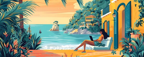 vibrant digital depicts a picturesque tropical coastline setting, providing an idyllic backdrop for a remote digital nomad's workspace