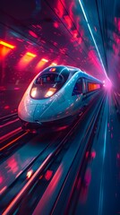 Futuristic High-Speed Train Blazing through an Illusionary Cityscape