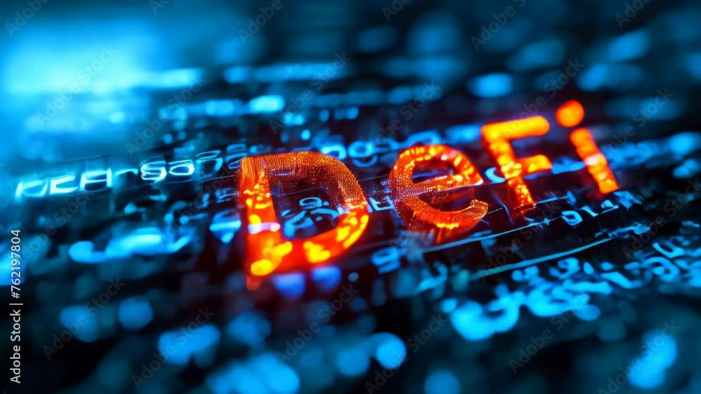 Poster illuminated 'defi' signifying decentralized finance on a digital blockchain background, representing