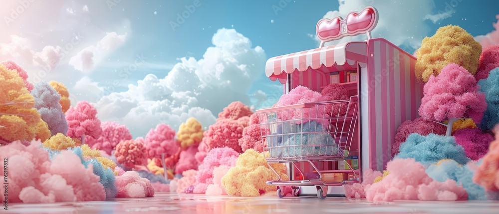 Poster An Internet shop on a smartphone. Using a smartphone browser to shop online. Payment, order delivery from an Internet marketplace. E-commerce. 3D rendering.
