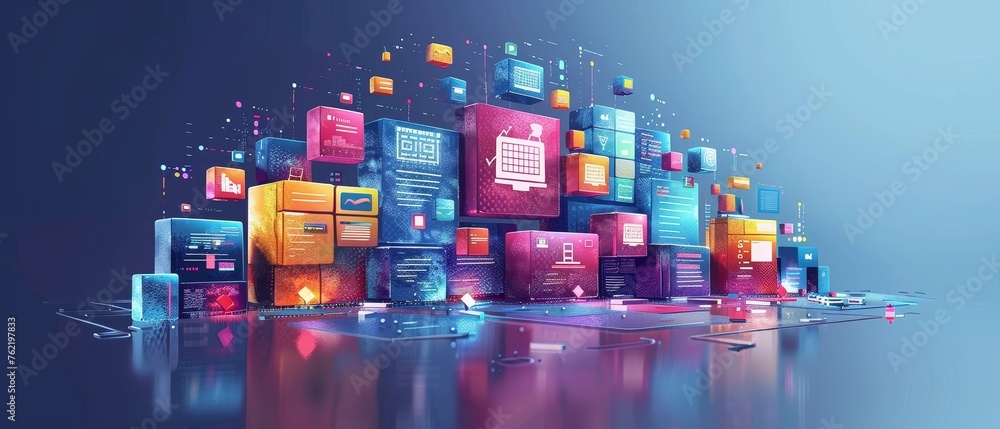 Poster Computer technology illustration. Application development for different devices. Design website, develop an app for different devices. Developing applications for laptop computers, computers, and