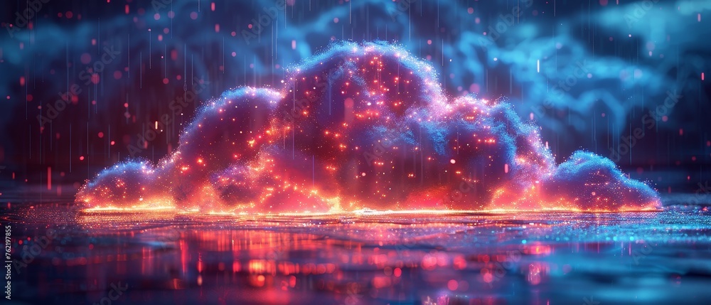 Poster Data storage in shapes of cloud with digital rain consists of square bits, neon lines. Computer network connecting to cloud storage or data center, exchanging data.