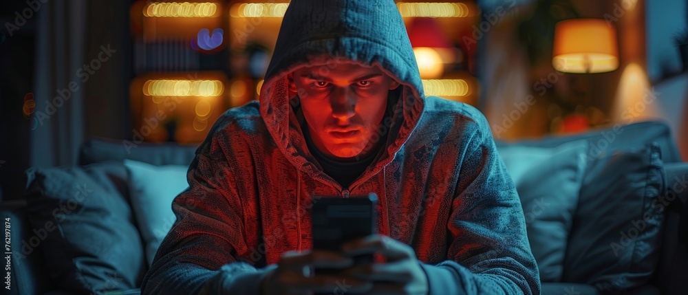 Poster In a dark room, a hacker using malware on a phone hacks at a computer and mobile smartphone. A hacker using a computer in a dark hooded suit using a neon light in a dark room with a neon sign.