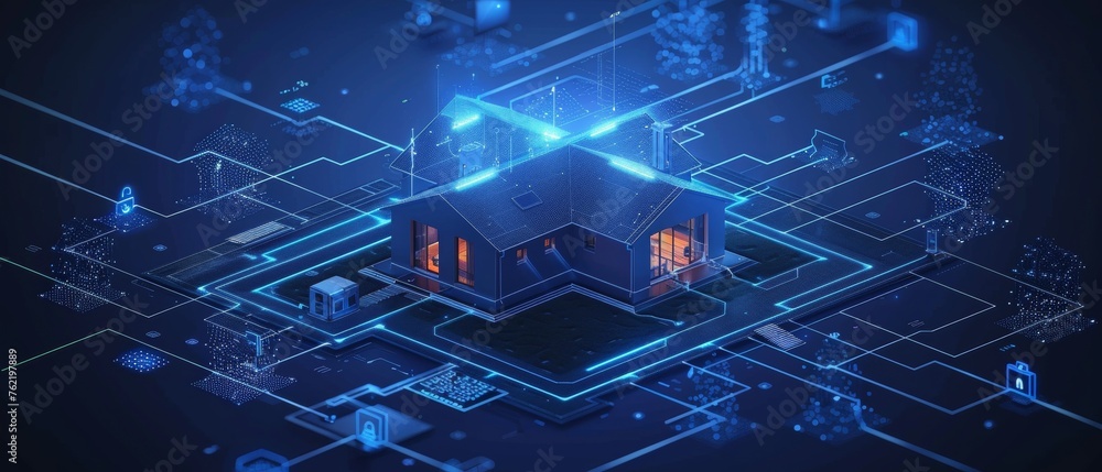 Fototapete In a smart home IOT system technology isometric concept. A smartphone connected to the internet controls an IOT system. A smart home AI system controls an IOT system through a smartphone. A smart home