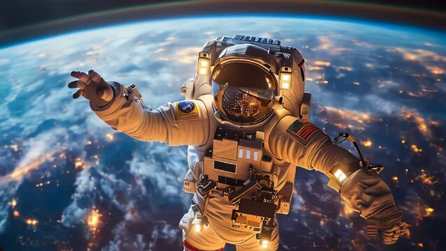 Astronaut floating in space above Earth,  with city lights glimmering on the planet's surface, symbolizing exploration and adventure