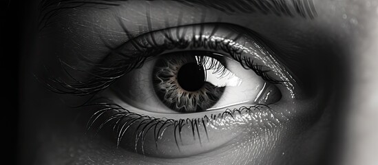 A close up of a womans eye in a black and white photo captures the intricate details of her eyelash, iris, and the contrast between darkness and flash photography