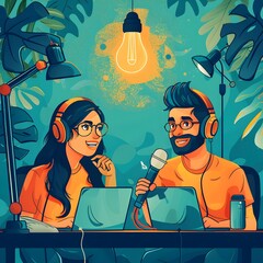 vibrant, animated depicts two enthusiastic tech bloggers recording a podcast in a cozy, creative studio space