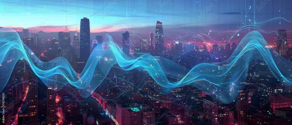 Poster a smart city and big data connection technology concept is depicted with digital blue wavy wires and