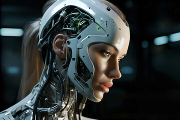 gynoid, humanoid robot android hybrid with a female face, with a plastic helmet and biomechanical elements around the head, abstract dark interior background, cyber future, robotics concept