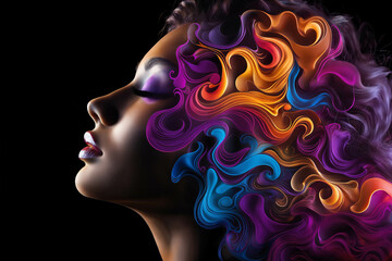 A girl's face surrounded by abstract color shapes of smoke on a dark background