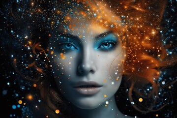 portrait of a beautiful woman with particles of light surrounding her face as a symbol of magic