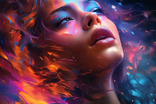 A girl's face surrounded by abstract shapes and colorful smoke on a dark background with lights