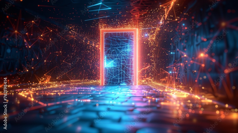 Poster design concept of abstract open door to the universe. abstract geometric background. wireframe light