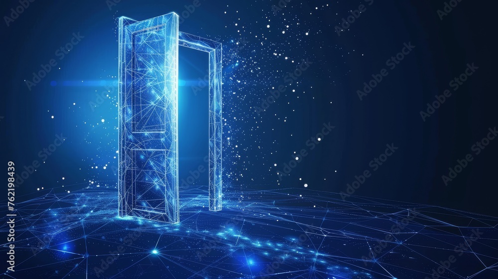Poster the abstract open door to the universe. the abstract geometric background. the wireframe structure f