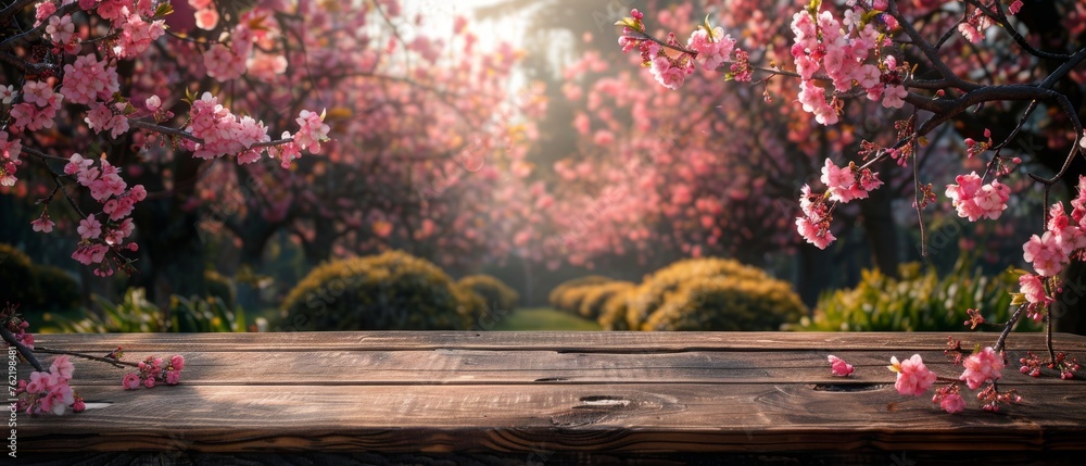 Poster an empty wooden table with bokeh background in sakura flower park with a country outdoor theme, a te
