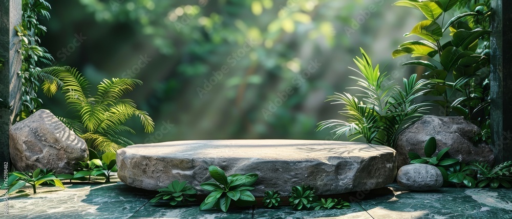 Poster for empty show with natural green background, the pedestal is made out of natural stone and concrete