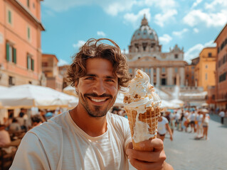 Man eating a huge ice cream in Rome in the summer