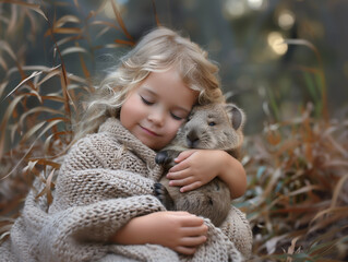 Little girl hugging a wombat in a cute way
