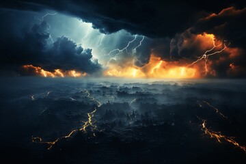 thunderstorm, a beautiful stormy sky with lightning and dark cumulus clouds from a aerial view on an abstract background
