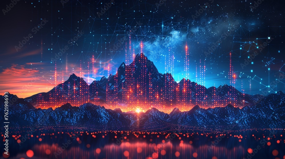 Aufkleber on technology blue background, an abstract digital mountain and growth graph chart are displayed wit