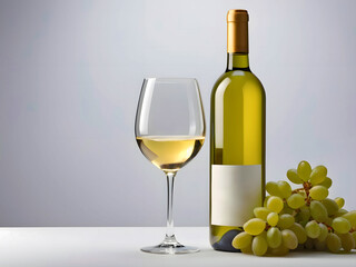 Fototapeta premium Glass Of White Wine, With Bottle And Grapes Beside It, Clean Label For Custom Design, Isolated Background, Copy Space