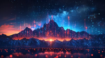 Foto op Plexiglas On technology blue background, an abstract digital mountain and growth graph chart are displayed with a histogram. Business concept of milestones and success. Modern illustration of mountain range © Zaleman