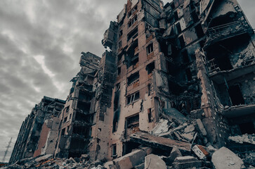 destroyed and burned houses in the city during the war in Ukraine