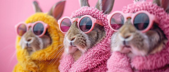 Three adorable rabbits dressed in woolen attire and sunglasses posing against a pink background
