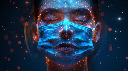 Face mask with low poly wireframe style. Small polygonal abstract isolated on blue background. Protective against viruses, bacteria, smog. - obrazy, fototapety, plakaty