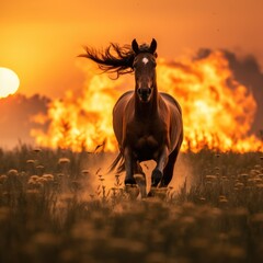 horse running from a wildfire