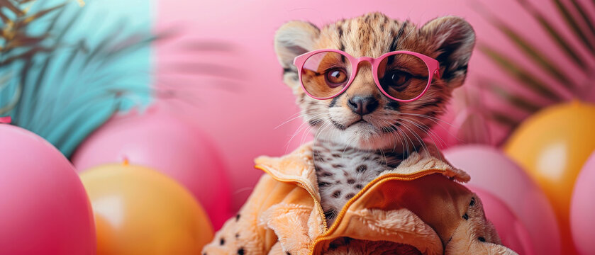 The image shows a cheetah in pink glasses and an orange jacket amidst a festive background, capturing a party vibe